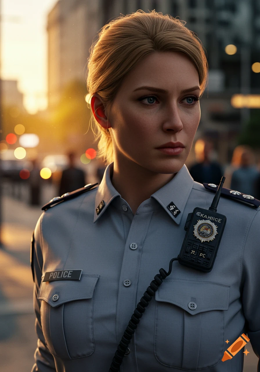 A photorealistic portrait of a blonde policewoman in uniform, wearing a walkie-talkie, looking seriously into the distance at sunset.