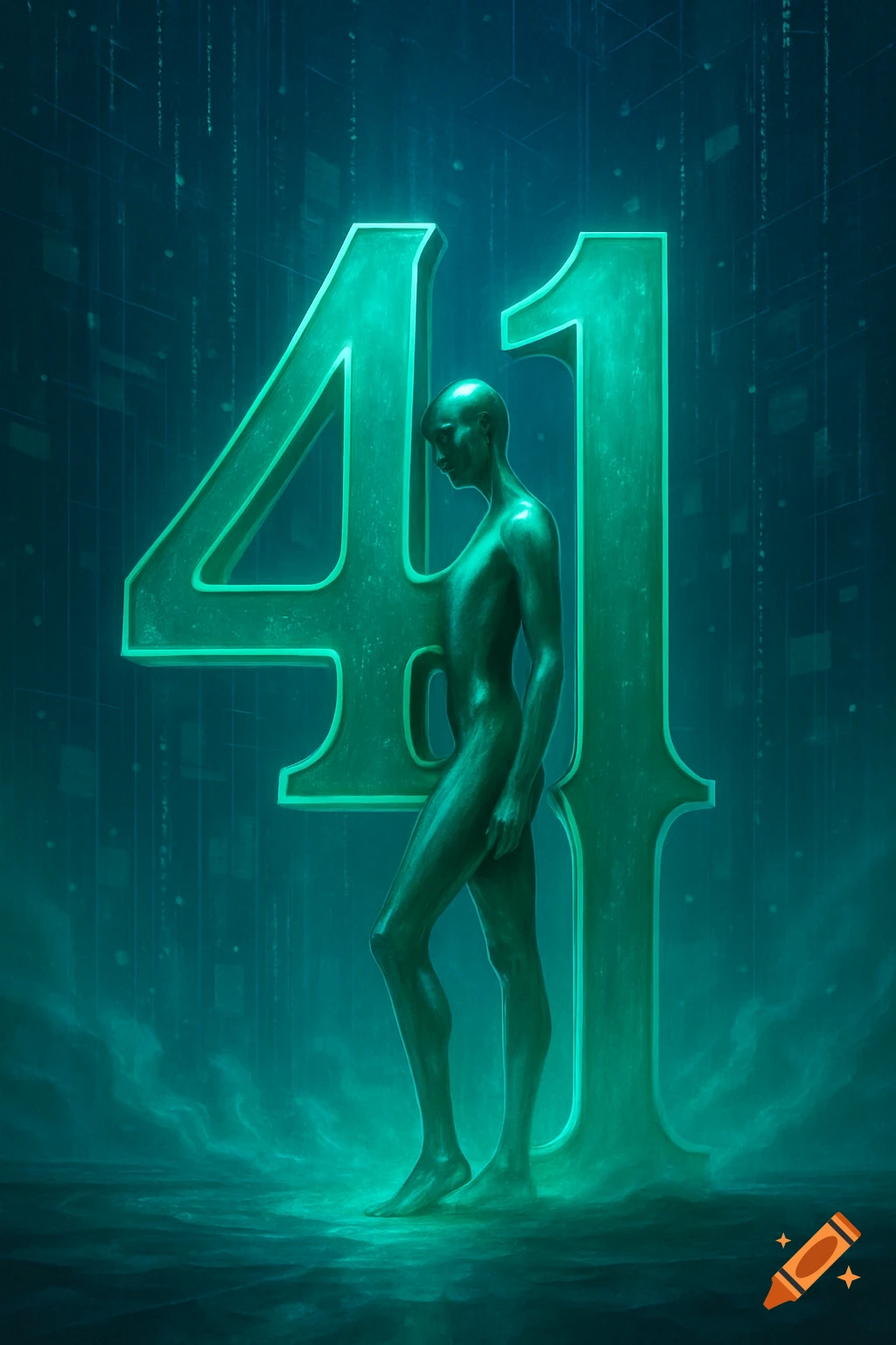 A bald, nude figure stands beside large, glowing green numbers '41' in a dark, ethereal digital art style.