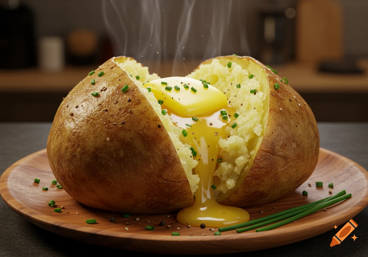 A steaming hot baked potato split open with melting butter, chives, and pepper on a wooden plate.