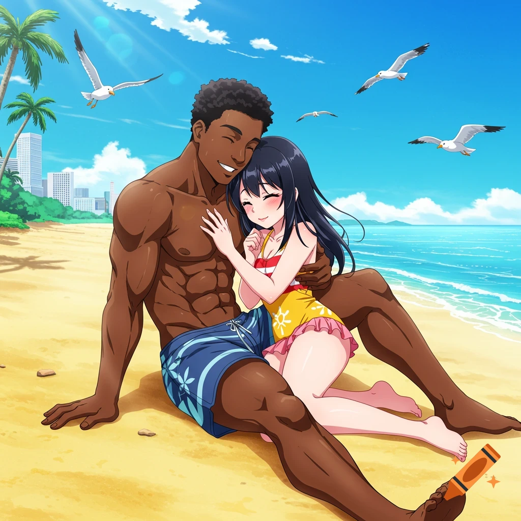 An anime image of an African American man and an Asian woman hugging happily on a sunny beach, with palm trees and a city skyline in the background.