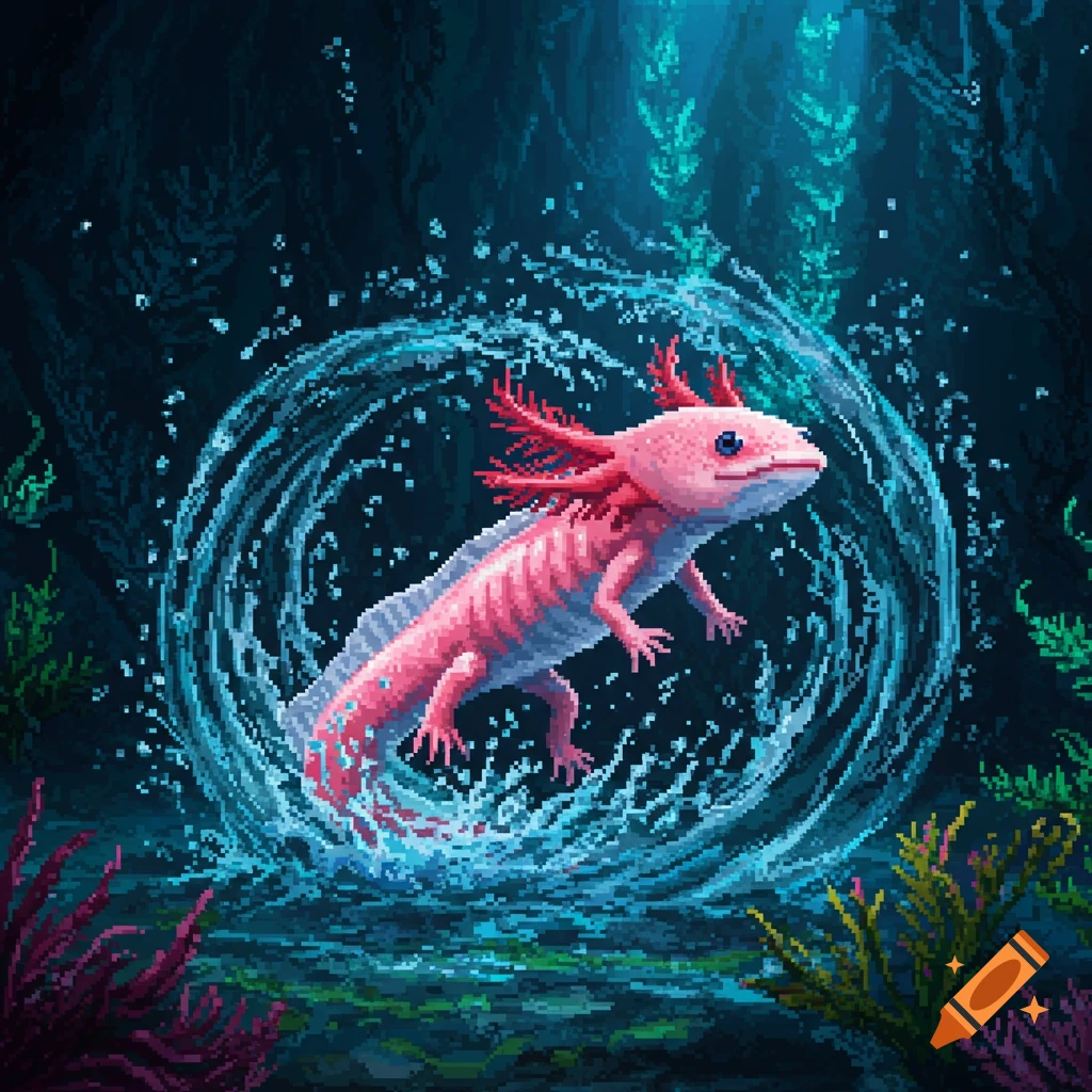 A pink pixel art axolotl leaps dynamically in a swirling vortex of water, set against a dark underwater background with plants.