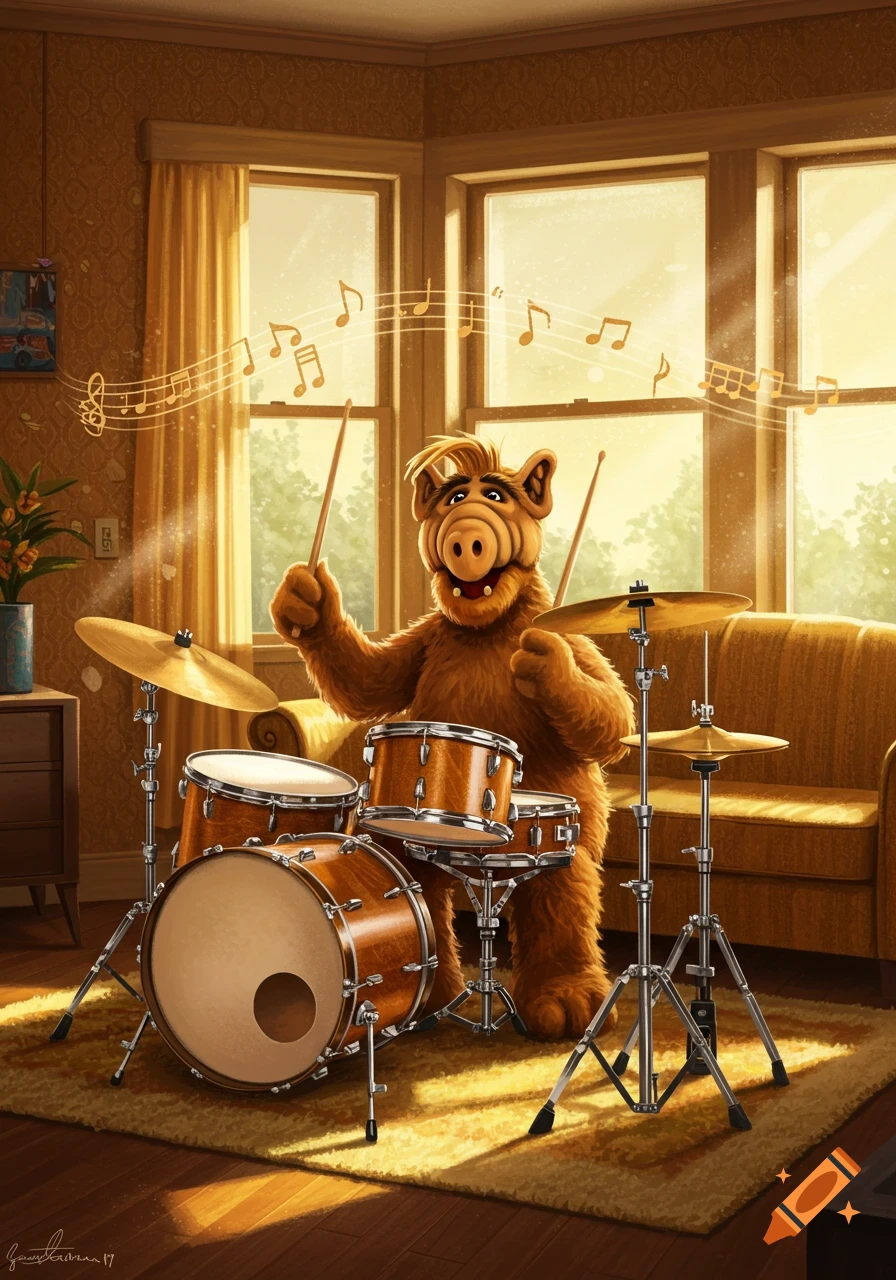 The TV character ALF plays a drum set in his sunny living room, with musical notes floating above.