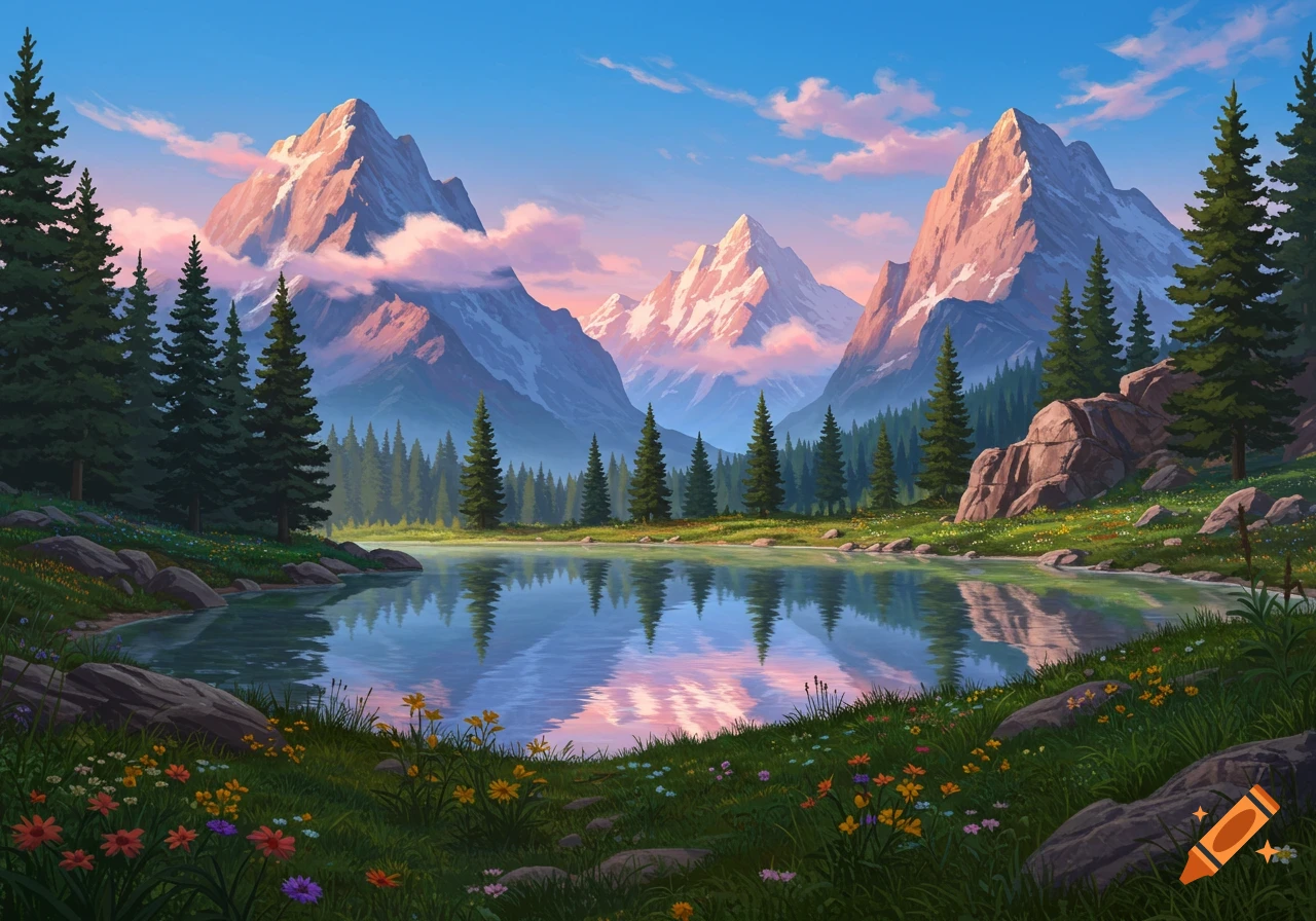 A vibrant illustration of a serene mountain lake reflecting snow-capped peaks and a blue sky, surrounded by pine forests and wildflowers.