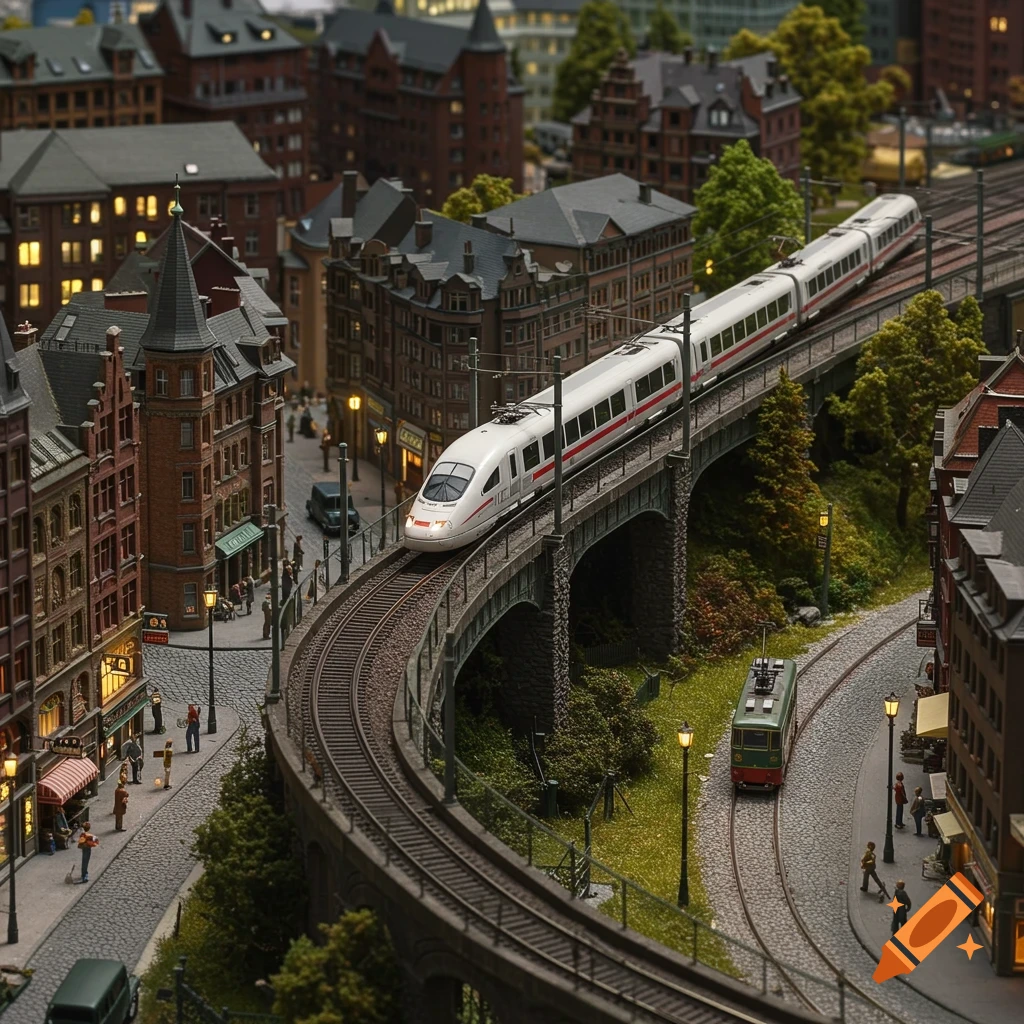 A detailed model railway landscape featuring a white ICE train on an elevated track and a green tram on a cobblestone street.