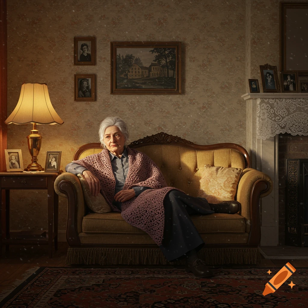 An elderly woman with gray hair sits on a yellow couch in a dimly lit, vintage-style living room, looking directly at the viewer.
