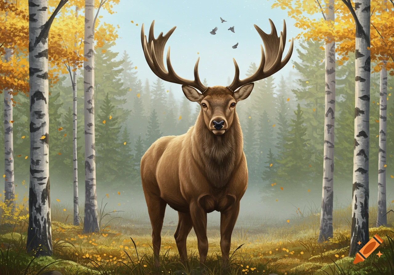 A majestic stag with large antlers stands among birch trees and golden leaves in an autumn forest with small birds flying in the sky.