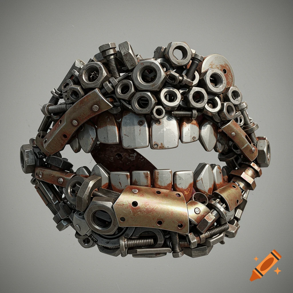 A photorealistic rendering of a snarling mouth made entirely of nuts, bolts, and rusted metal parts.