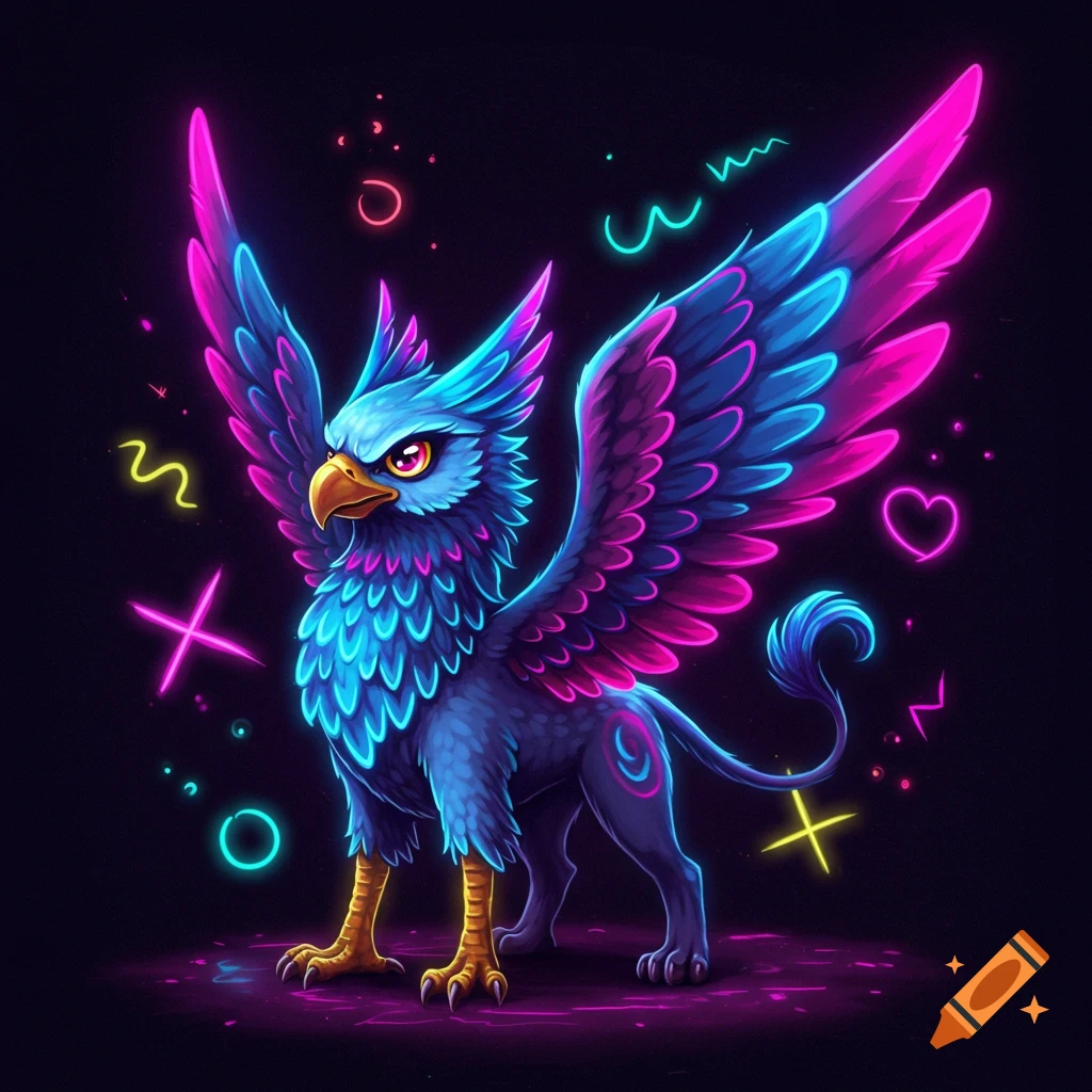 Cartoon neon griffin with bright blue and pink feathers on a dark background with glowing shapes.