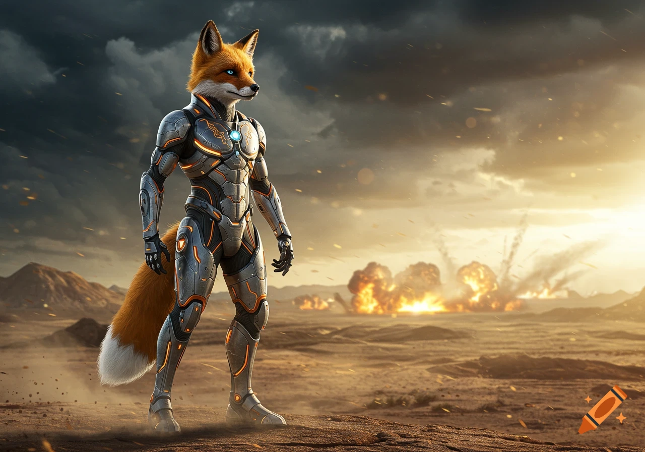 A photorealistic fox in a futuristic armored suit stands on a desolate, war-torn planet with explosions in the background under a dramatic sky.