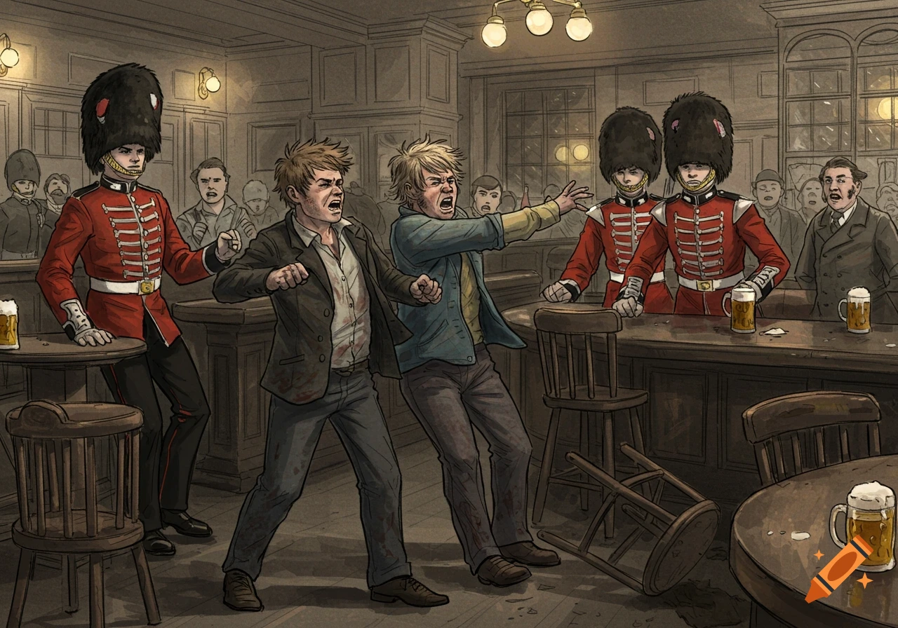 Two men with messy hair fight three British guards in red uniforms in a dimly lit, traditional pub. An overturned chair and beer mugs are visible.