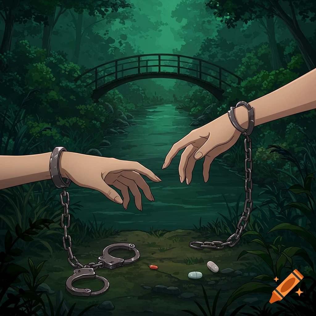Anime illustration of two hands reaching in a dark forest with a river and bridge. One hand is shackled, handcuffs and pills lie on the ground.