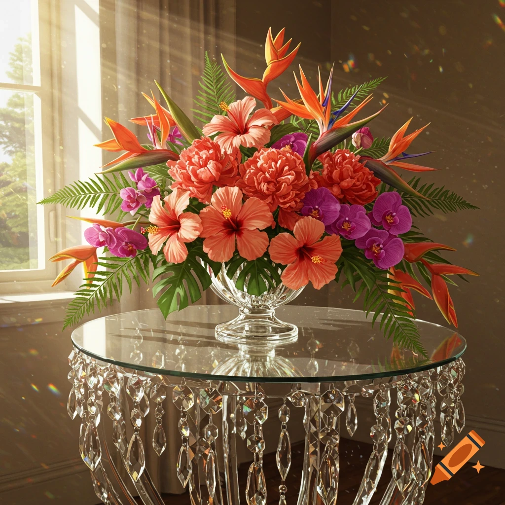 Vibrant tropical floral arrangement in a glass vase on a crystal chandelier table, sunbeams from a window.