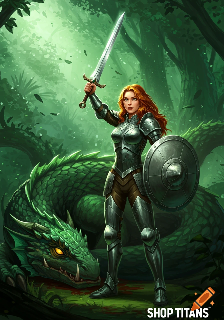 A red-haired female warrior in silver armor holds a sword and shield, standing victoriously over a defeated green dragon in a lush forest.