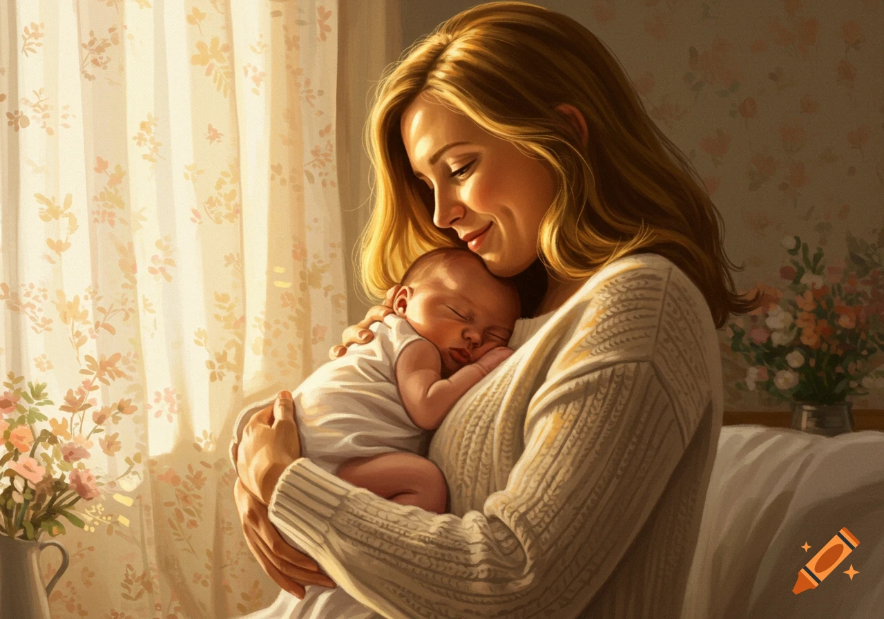A smiling mother with long blonde hair gently holds her sleeping newborn baby in a sunlit room, rendered in a warm, soft art style.