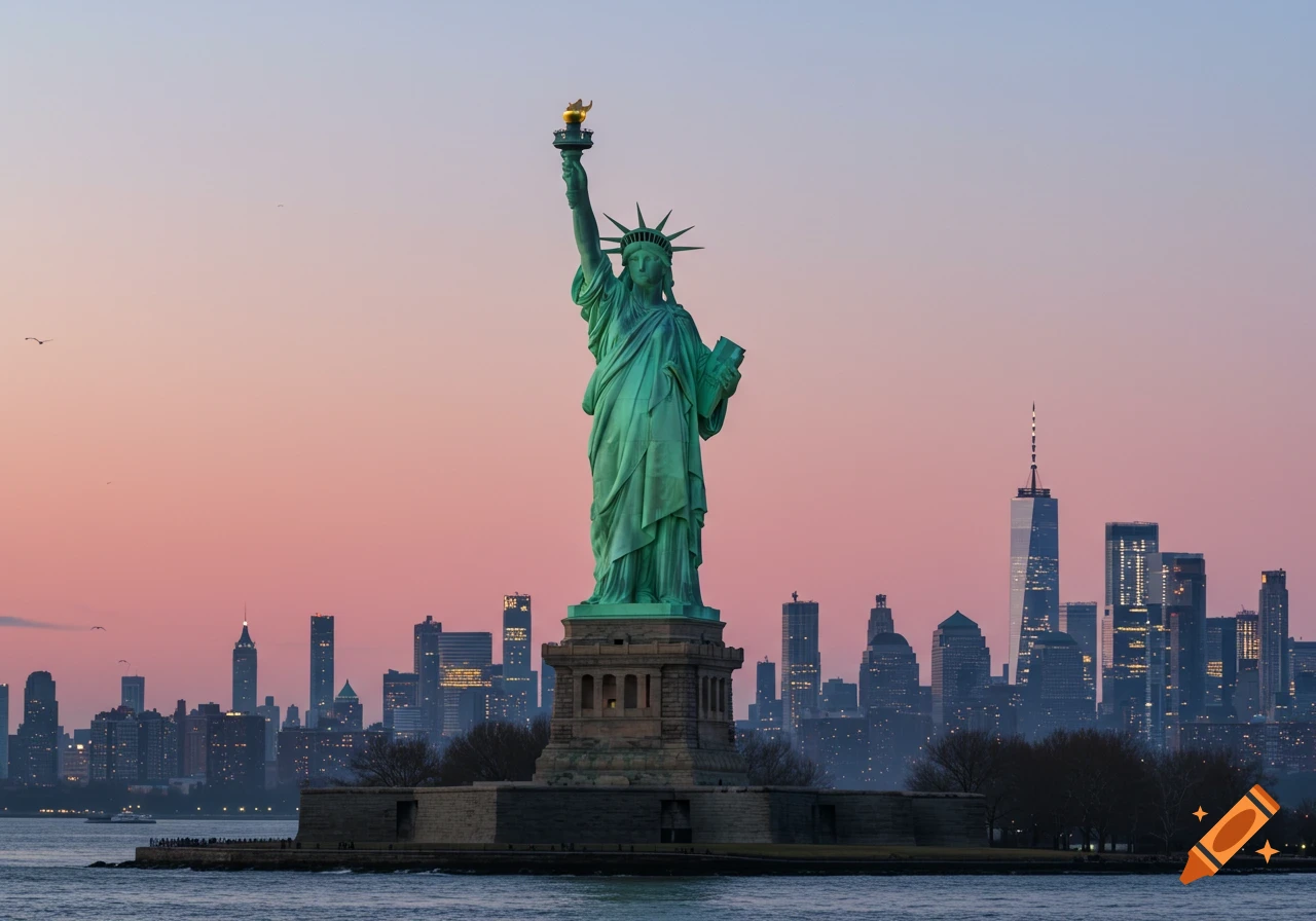The Statue of Liberty with a torch stands on an island, backed by the New York City skyline during a pink and purple sunset.