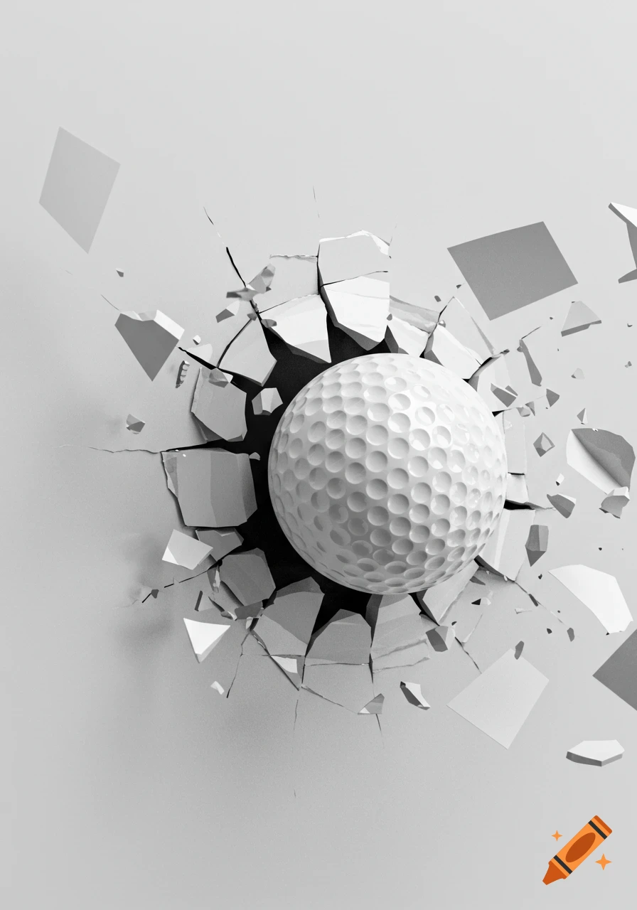 A white golf ball bursts through a white wall, scattering geometric fragments, in a monochromatic 3D render.