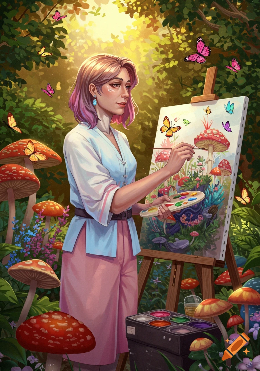 A pink-haired woman paints a whimsical scene of mushrooms and butterflies on an easel in a vibrant fantasy forest.