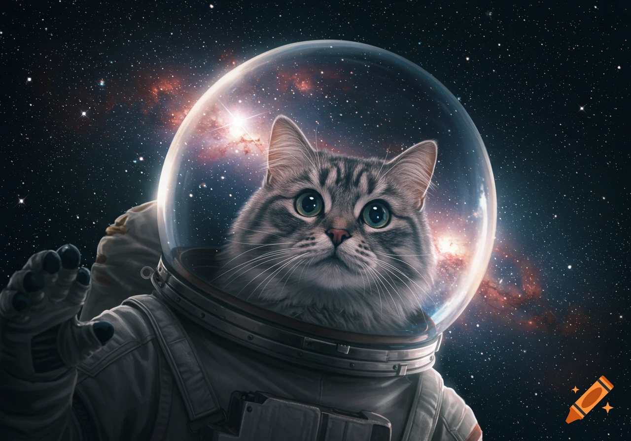 A fluffy tabby cat wearing an astronaut suit and helmet floats in space with stars and nebulae in the background.