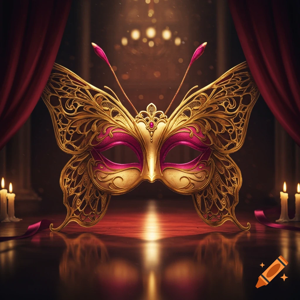 A detailed gold and magenta butterfly masquerade mask rests on a reflective stage floor, flanked by red curtains and flickering candles.