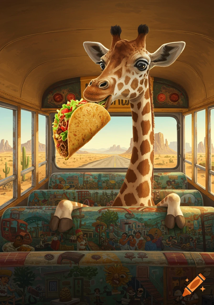 An illustrative image of a giraffe with its head and neck inside a bus, eating a taco while driving through a desert landscape.