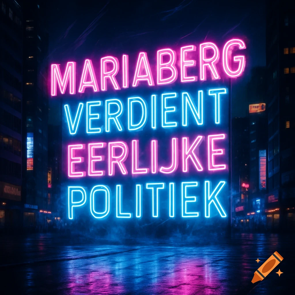 Vibrant pink and blue neon sign in a futuristic city at night, reflecting on a wet street. The sign reads "MARIABERG VERDIENT EERLIJKE POLITIEK".
