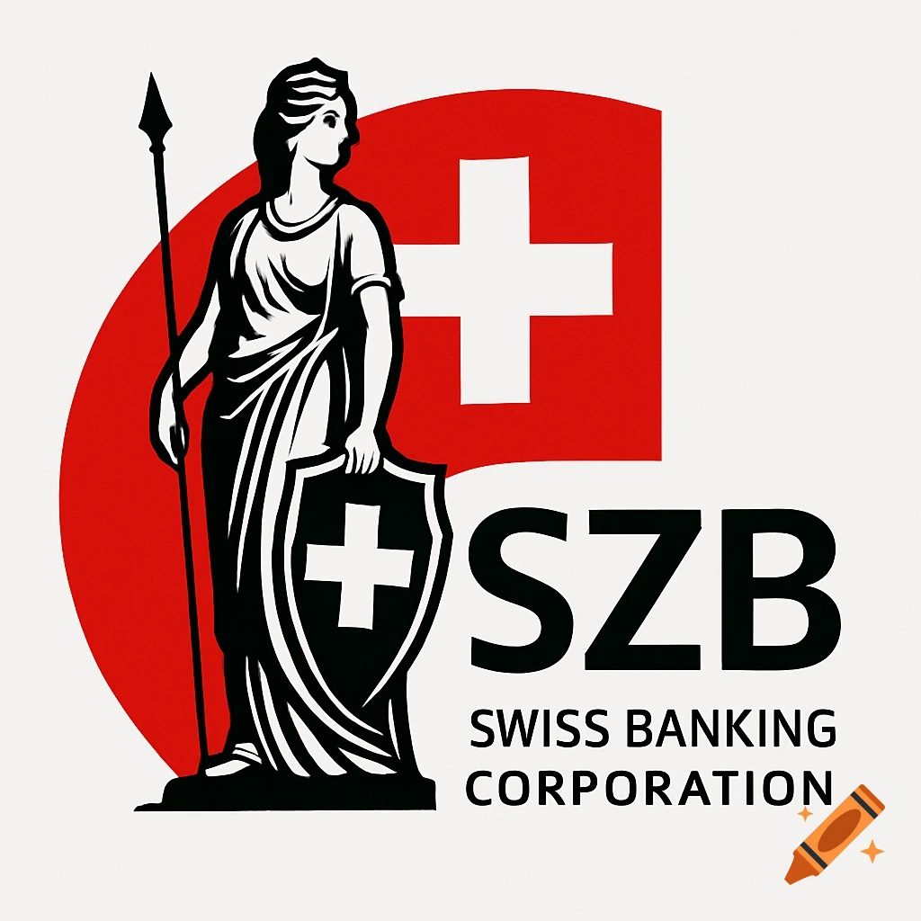 Logo with a classical female figure holding a spear and shield, in front of a red Swiss flag, with 'SZB Swiss Banking Corporation' text.