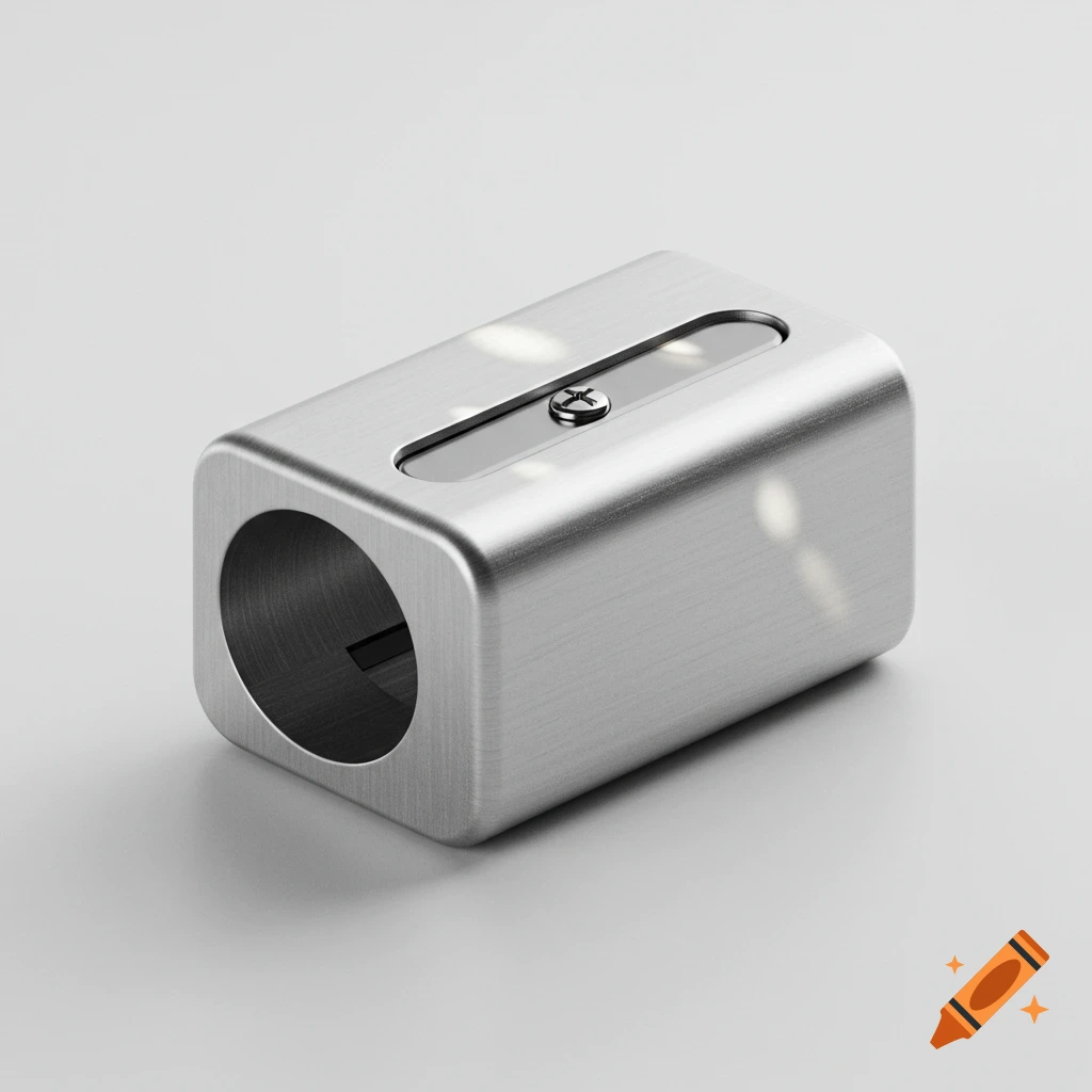 A sleek, brushed silver metal pencil sharpener with a minimalist design, on a light gray background.