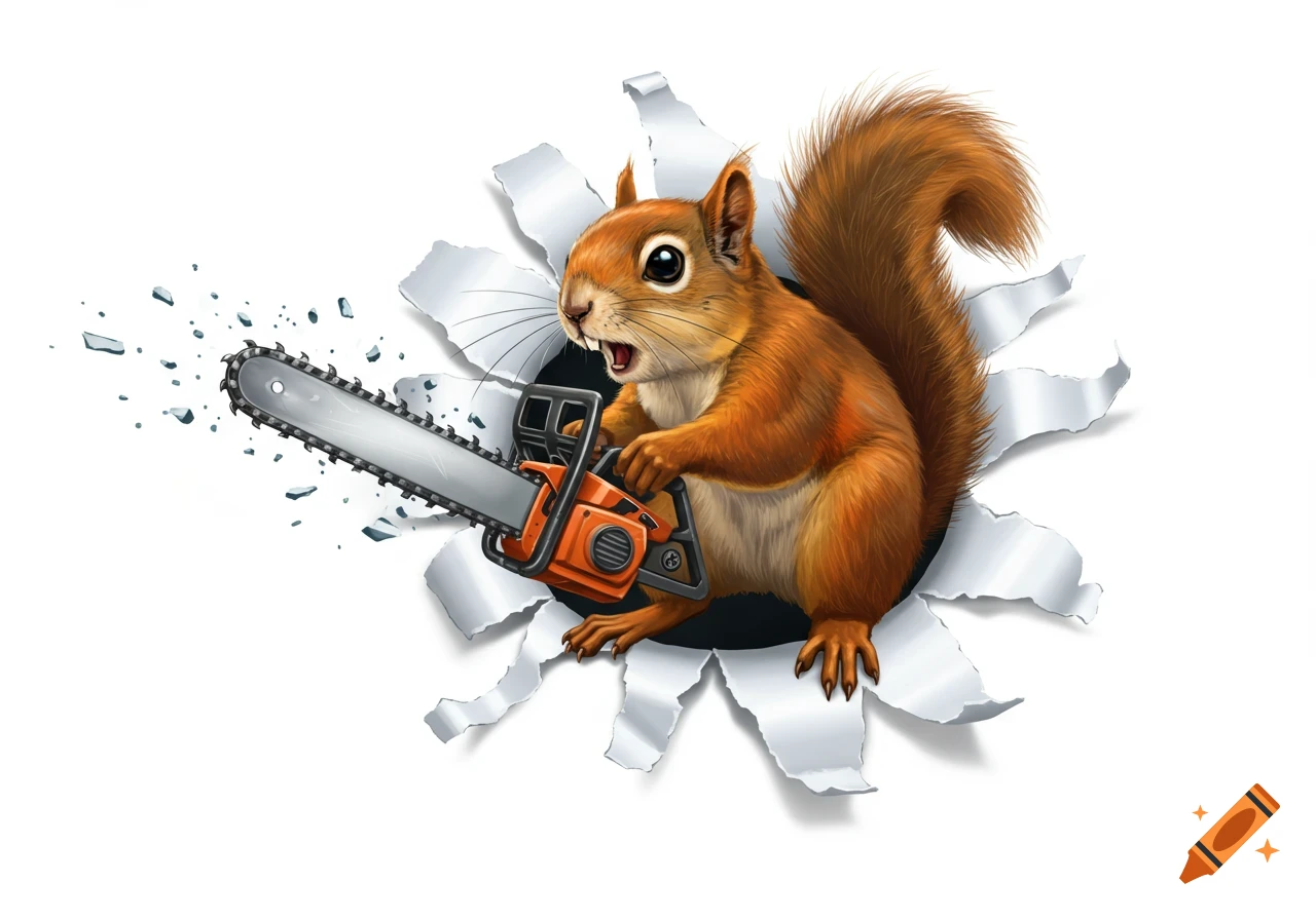 A cartoon squirrel holding a chainsaw bursts through a white paper background, leaving a jagged hole.