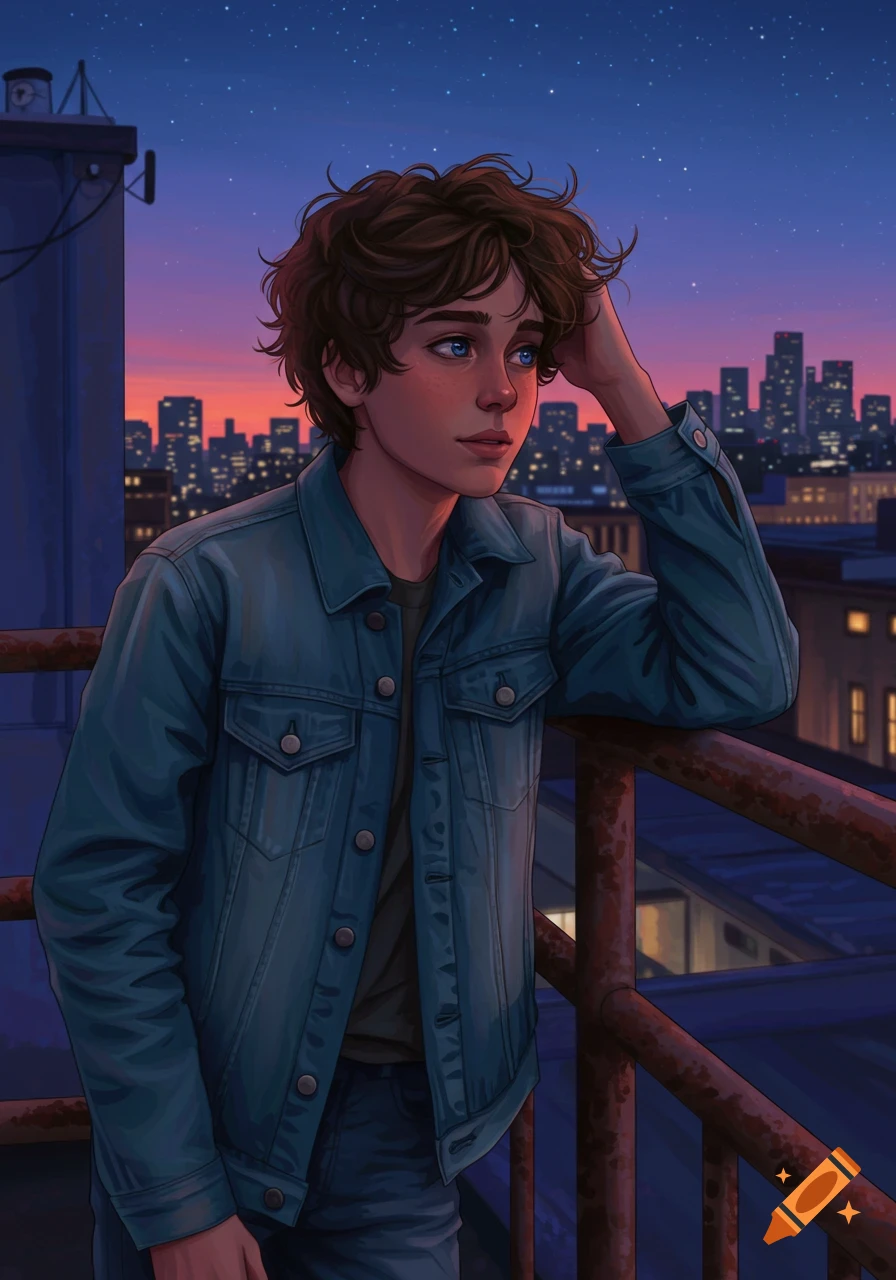 Illustration of a young boy with messy brown hair on a rooftop, gazing at a city skyline under a starry dusk sky.