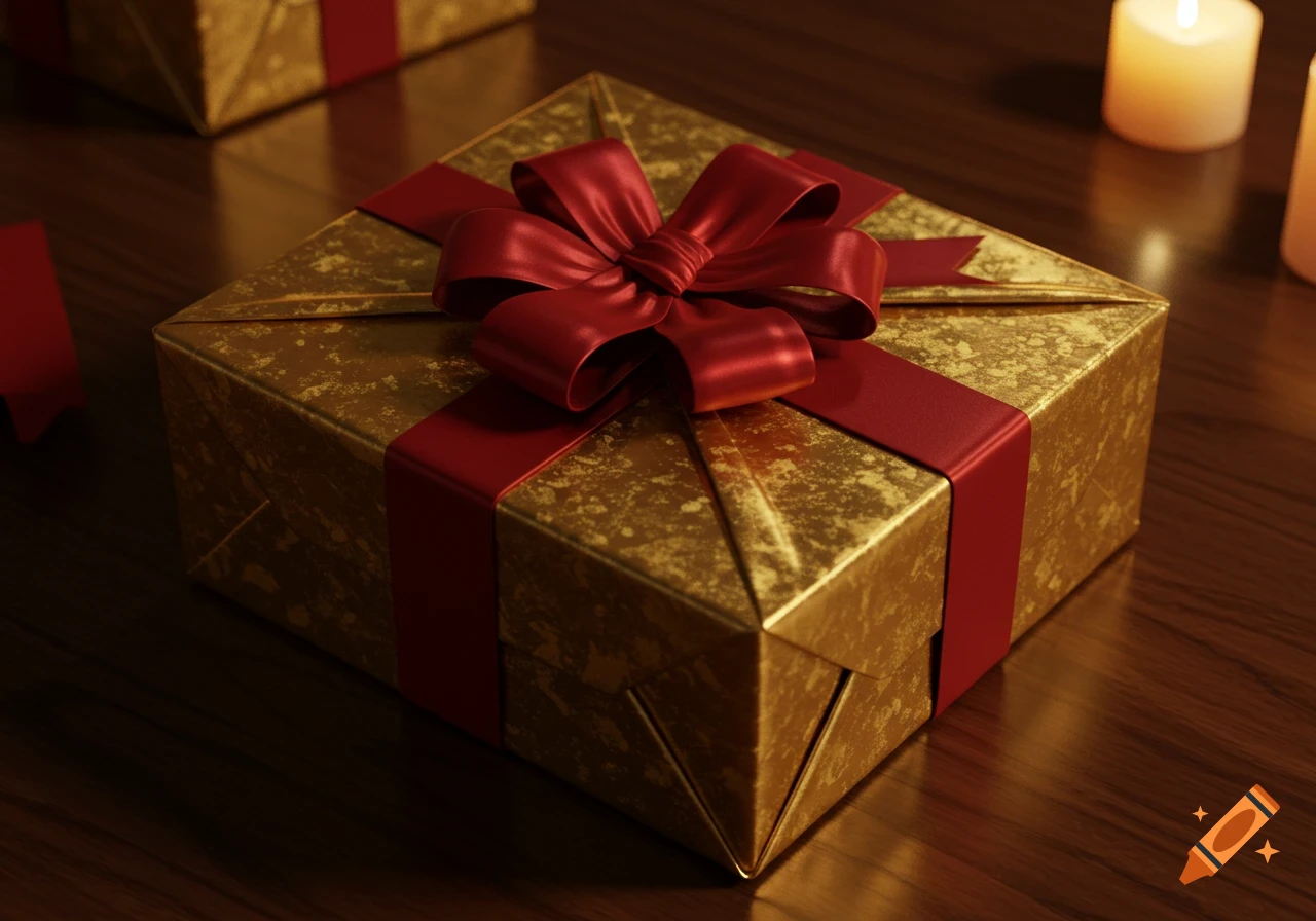 A photorealistic image of a gold gift box with a red ribbon and bow on a dark wooden table, with blurred candles in the background.