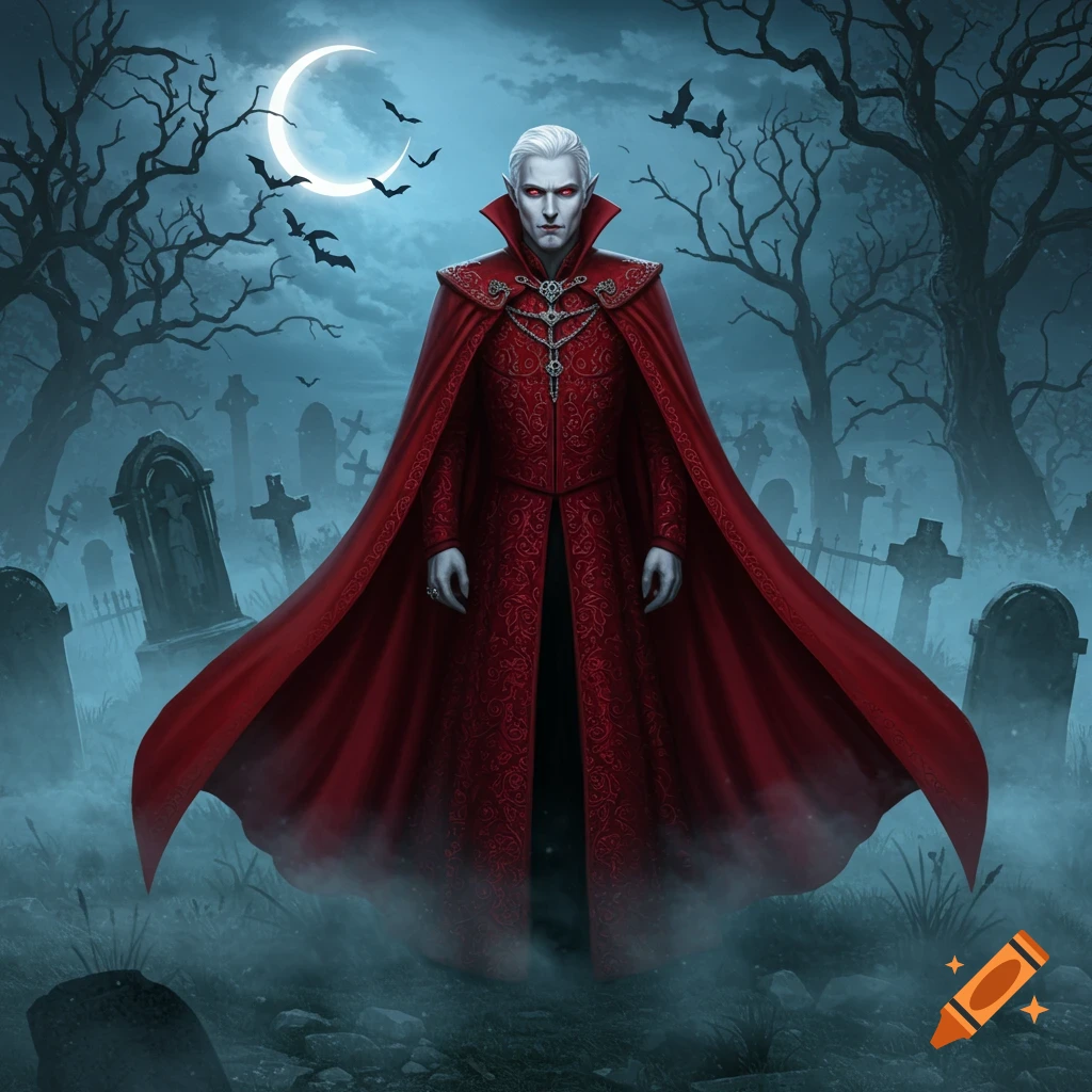 An albino vampire in a red cloak stands in a foggy cemetery under a crescent moon with bats flying.