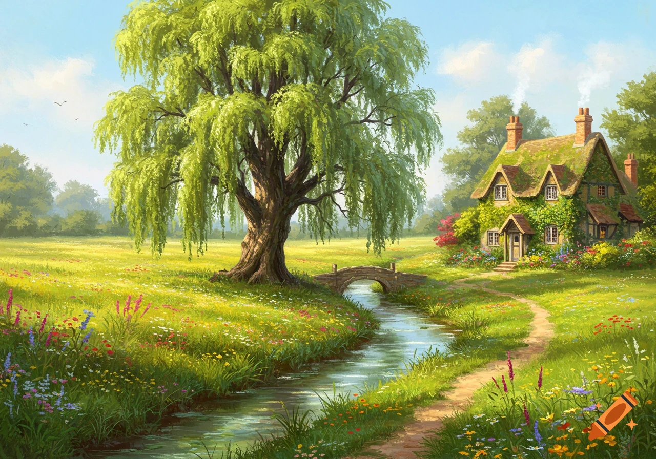 A vibrant painting of a weeping willow next to a stream with a stone bridge leading to an ivy-covered cottage in a flower-filled meadow.