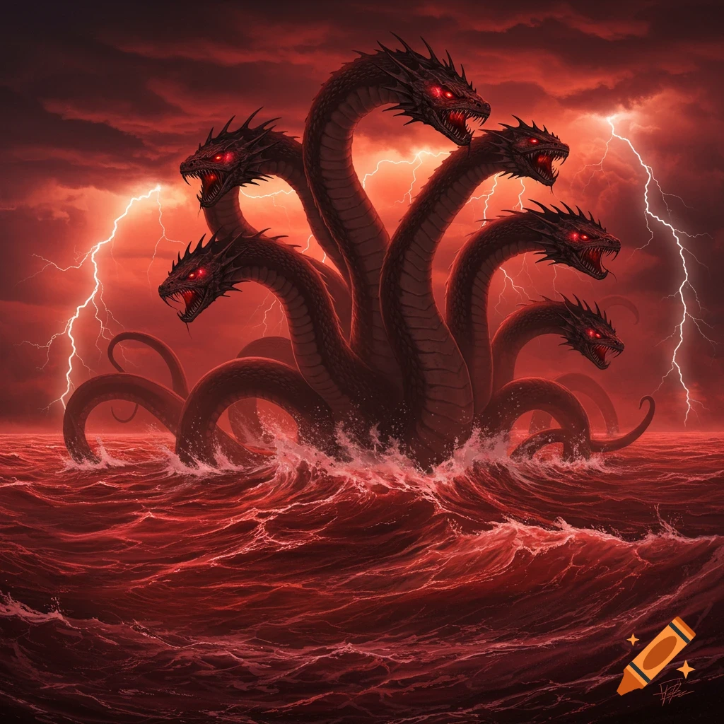 A dark, multi-headed hydra monster with glowing red eyes rises from a stormy red ocean with lightning, in a dramatic fantasy style.