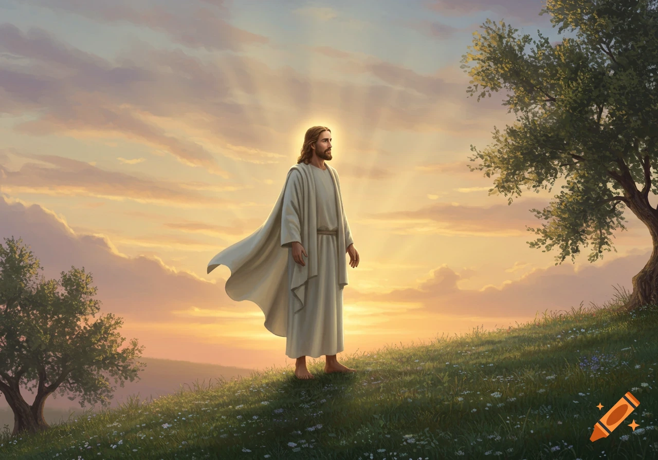 Jesus Christ stands barefoot on a grassy hill at sunrise, light rays from above, with trees under a warm sky, in a serene painted style.