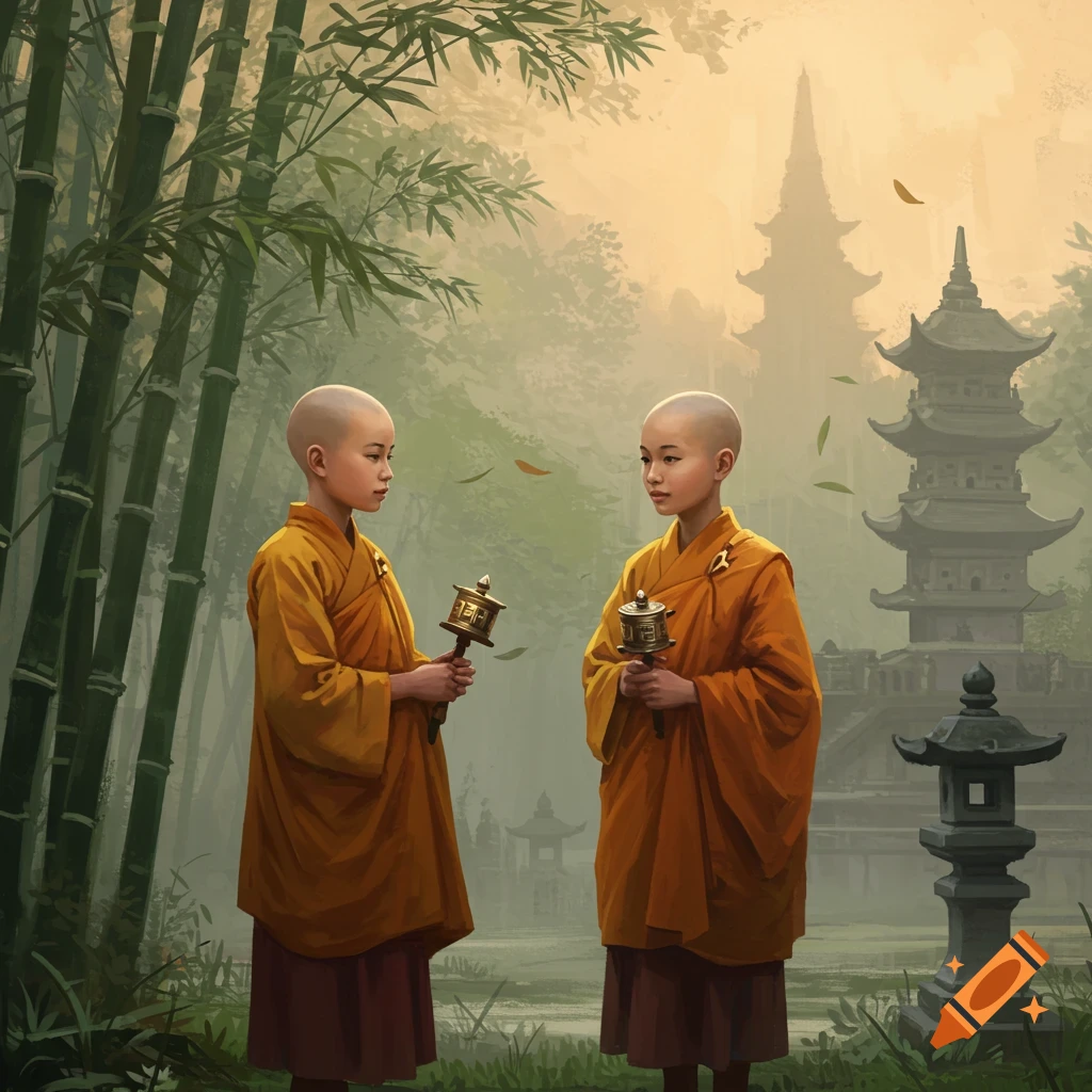 Two young bald monks in orange robes hold prayer wheels in a serene bamboo forest with misty pagodas.