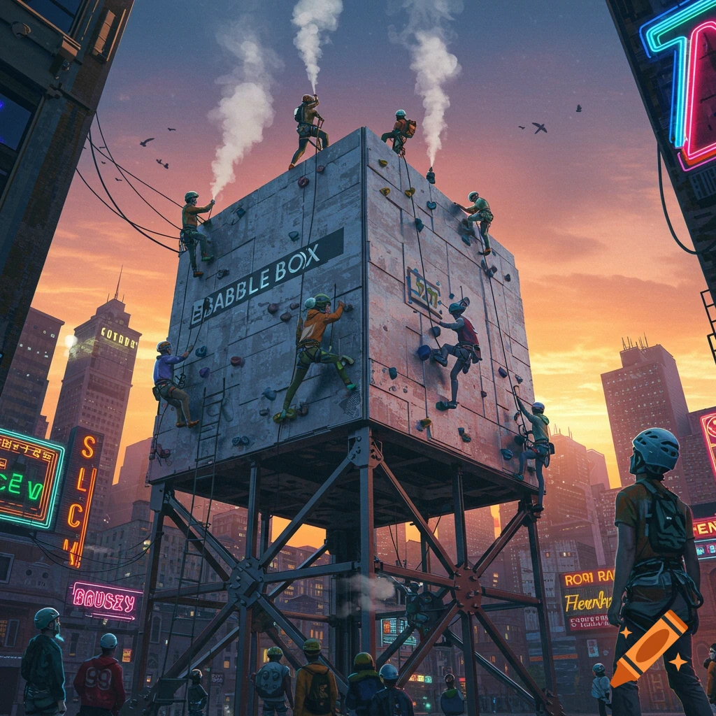 People scale a giant, industrial "Babble Box" structure in a neon-lit city at sunset, with other climbers and onlookers below.