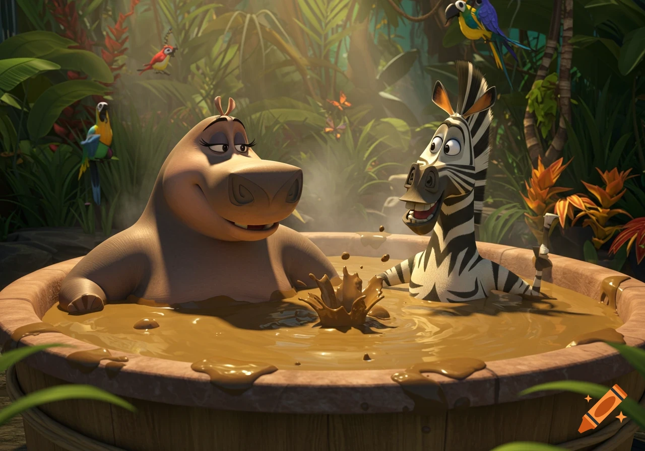 Gloria the hippo and Marty the zebra from Madagascar relaxing in a mud hot tub in a lush jungle, 3D animation style.