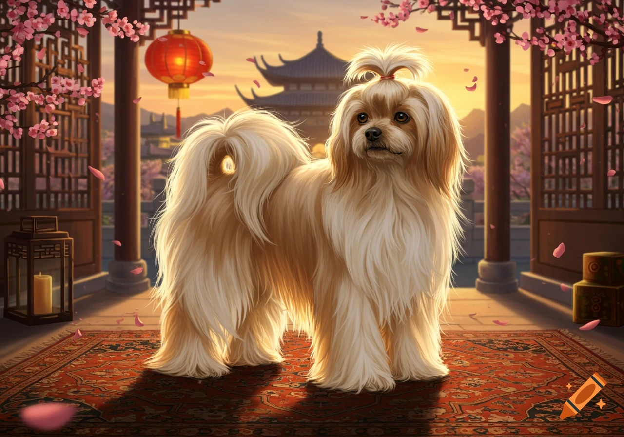 A fluffy Shih Tzu-like dog with a topknot stands on a red rug before traditional Chinese architecture, cherry blossoms, and a red lantern.