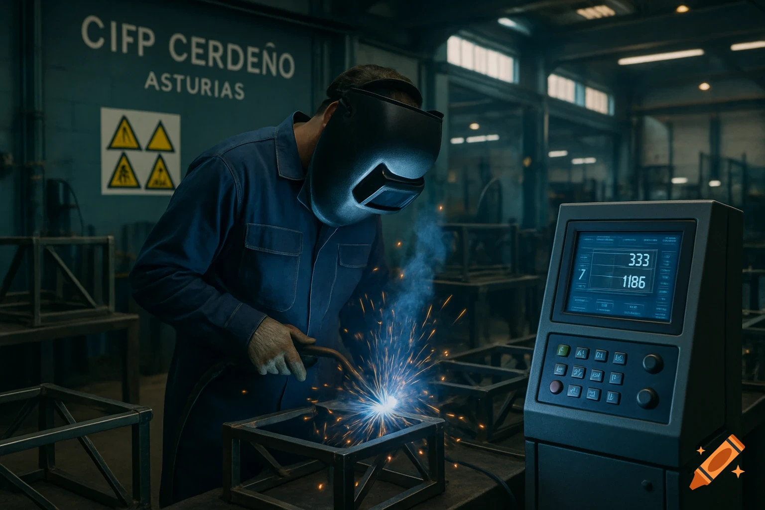 A photorealistic image of a welder in a blue uniform and helmet, welding a metal frame with bright sparks in a workshop, next to a control panel.