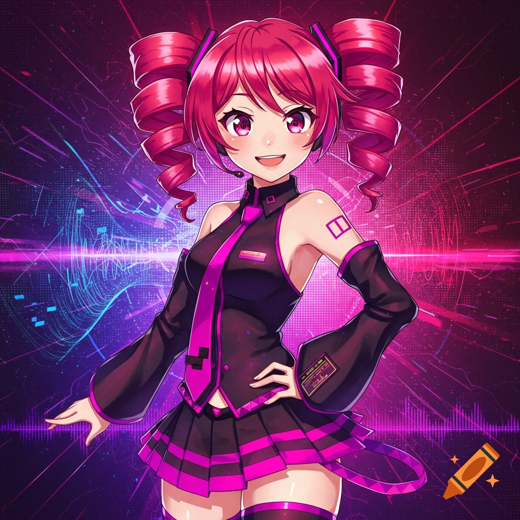 An anime girl with bright pink pigtails and bangs, wearing a black and magenta outfit, smiles in front of a glowing neon purple and blue electronic background.