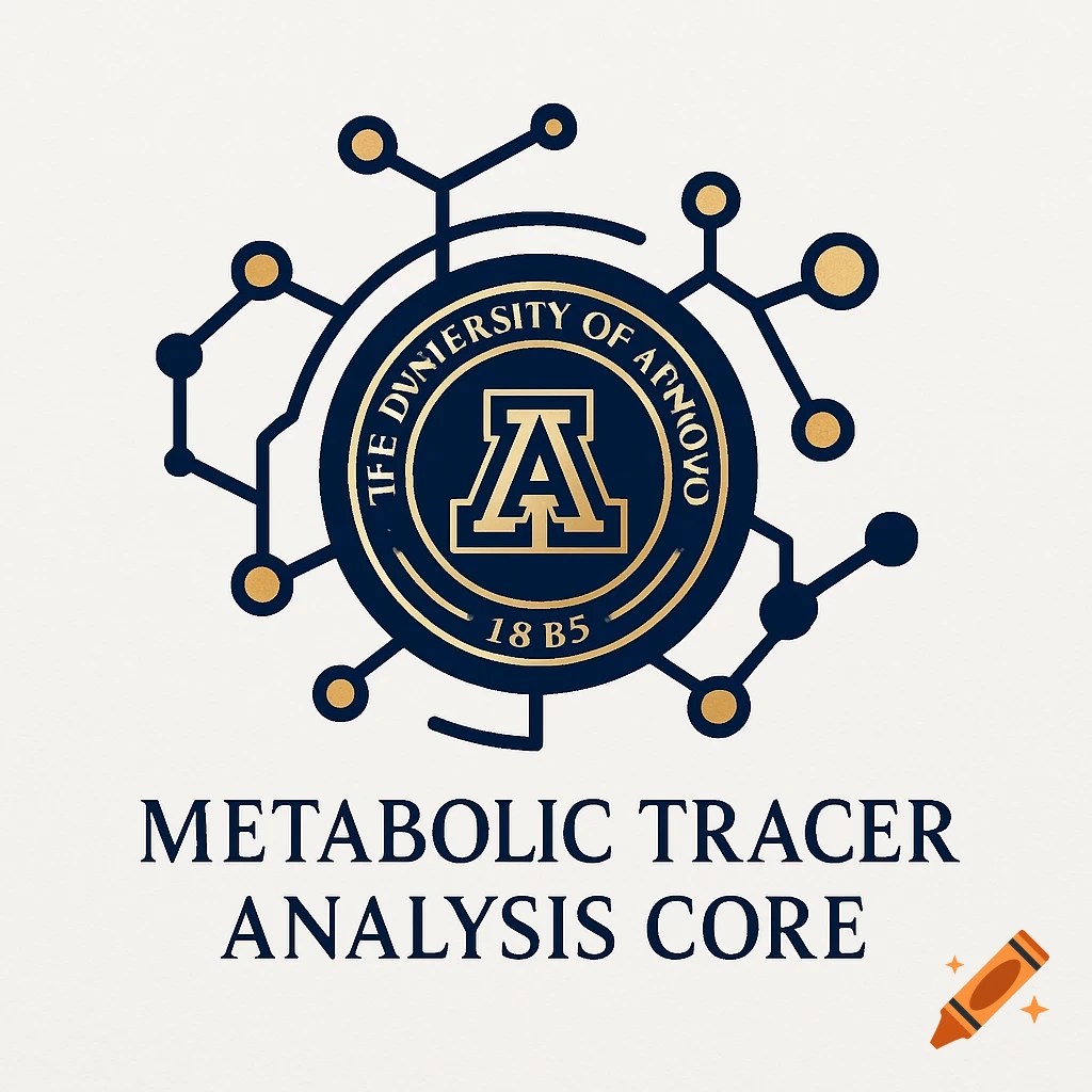 Professional logo with a blue and gold university emblem connected to a molecular structure, above the text 'METABOLIC TRACER ANALYSIS CORE'.