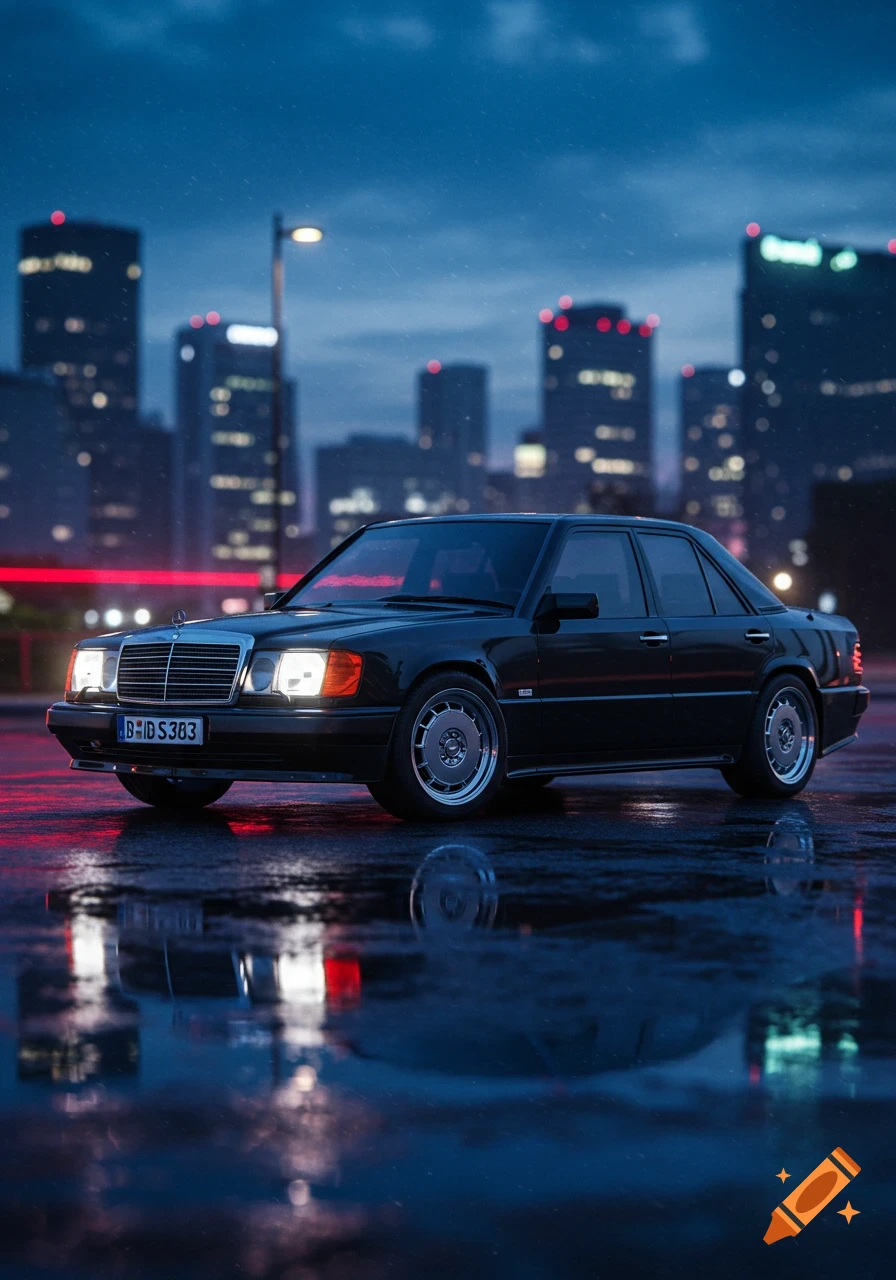 A black 1994 Mercedes-Benz 190 E sedan parked on a wet city street at night, with illuminated skyscrapers in the background.