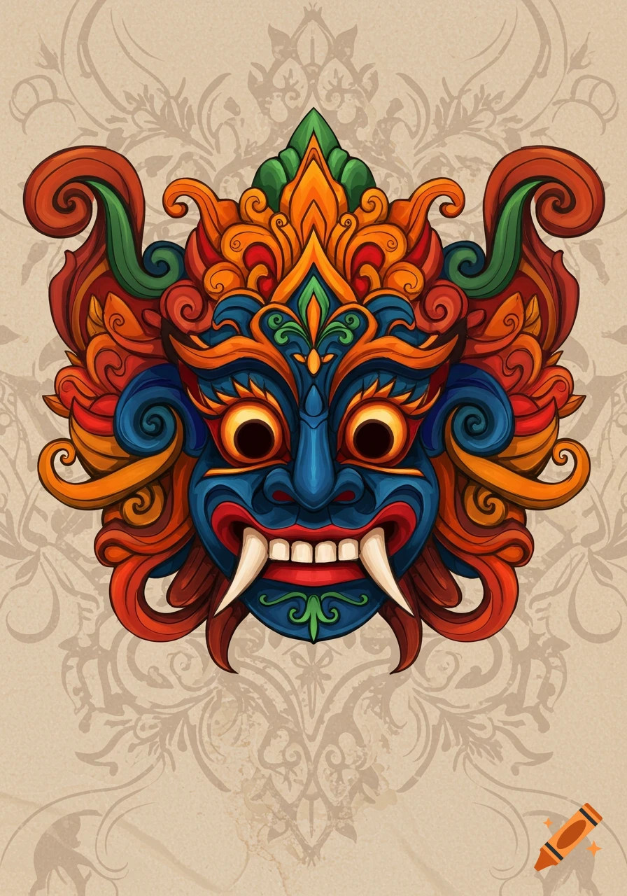 Vibrant, stylized illustration of a colorful Sinhala Yaksha mask with fangs on a textured background.
