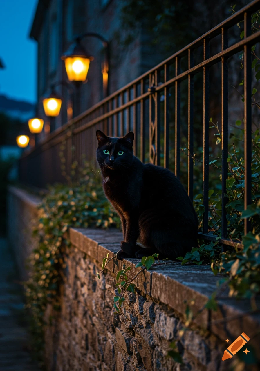 A black cat with glowing green eyes sits on a stone wall at night, lit by warm streetlights.