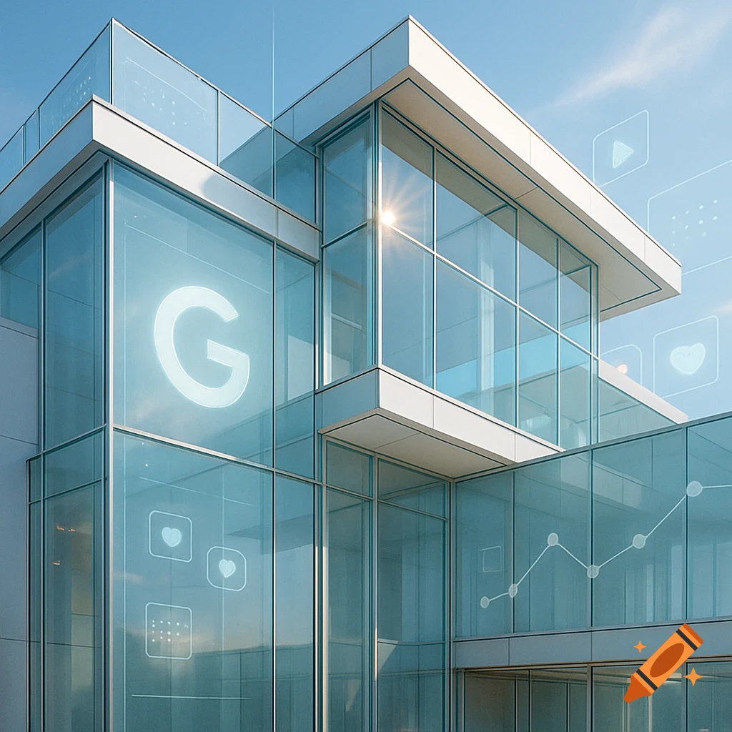 Modern minimalist building with glass facades, featuring an illuminated 'G' icon and digital overlays like graphs and social media symbols.