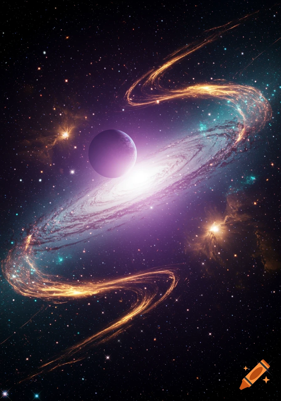 A glowing purple planet in front of a vibrant spiral galaxy with golden swirling light and many stars.