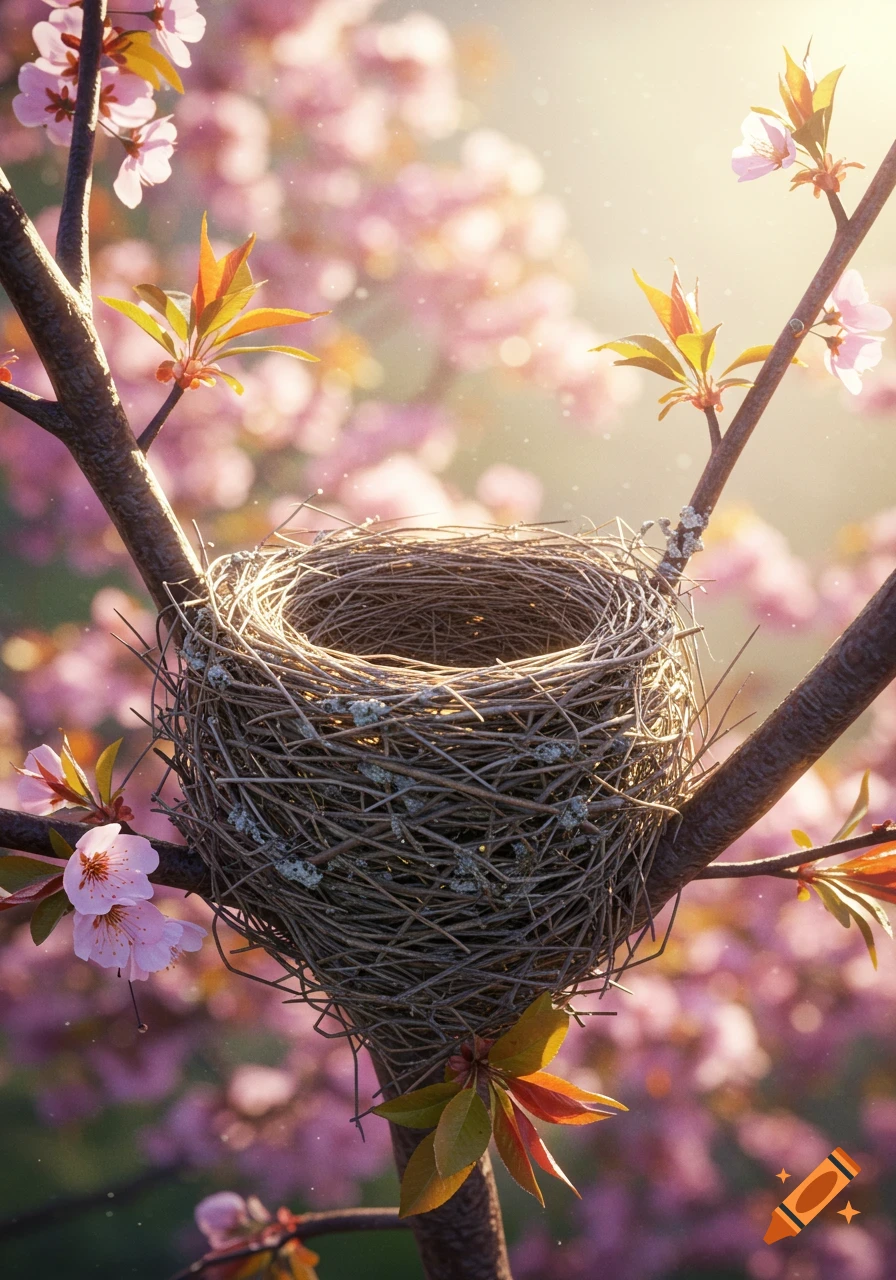 A bird's nest sits in a tree branch adorned with pink cherry blossoms, bathed in soft sunlight.