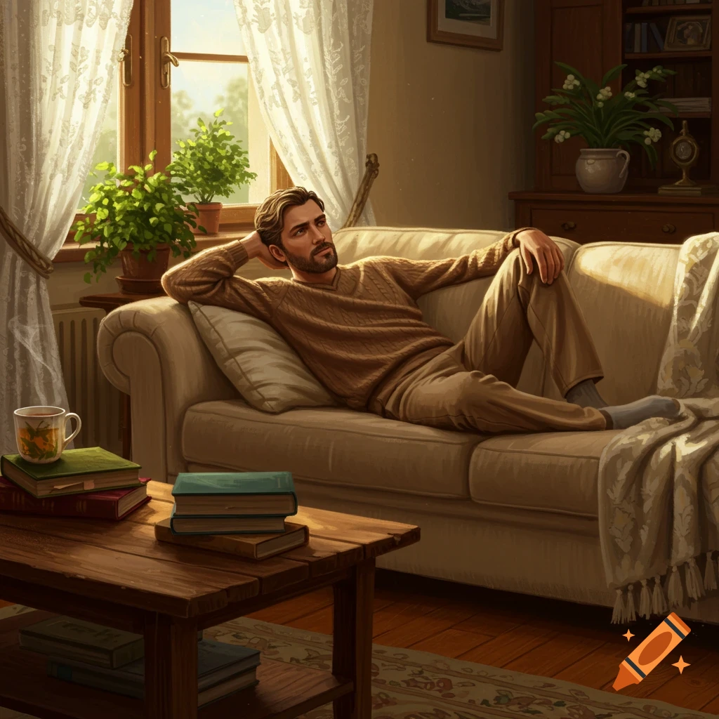 A man relaxes on a beige sofa in a cozy living room, sunlight streaming through a window.