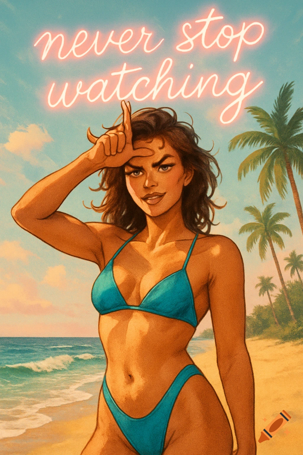An illustration of a woman in a teal bikini making a 'loser' sign on a beach, with 'never stop watching' in neon pink text in the sky.