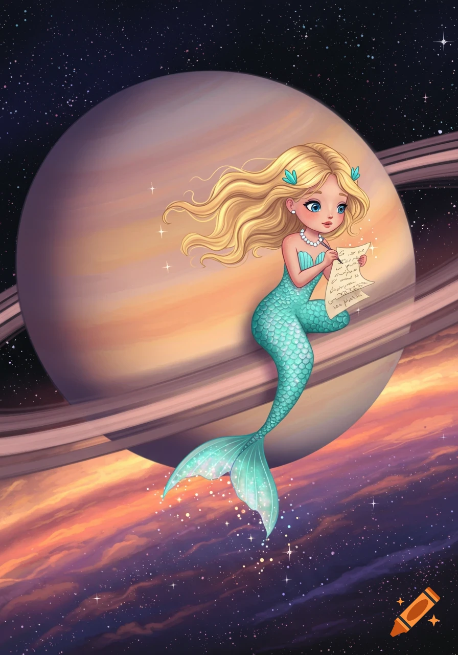 A cute blonde mermaid with a pearl necklace sits on Saturn, writing on a scroll with a quill, in a vibrant space illustration.